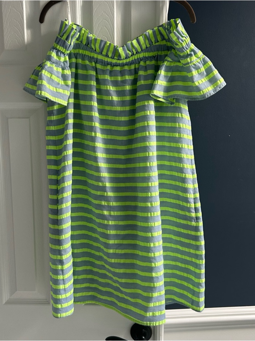 Women's Off-Shoulder Neon Yellow and chambray Striped Dress Anthropologie